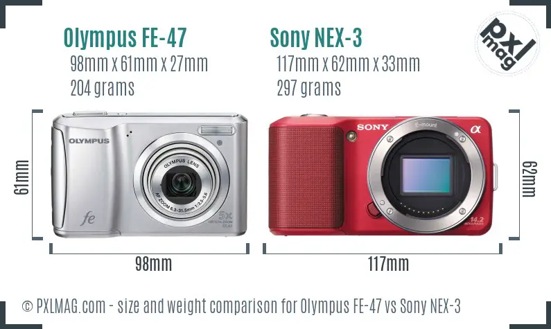 Olympus FE-47 vs Sony NEX-3 size comparison