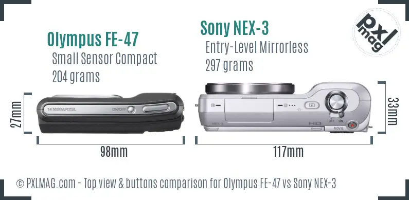 Olympus FE-47 vs Sony NEX-3 top view buttons comparison
