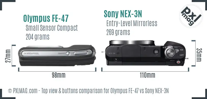 Olympus FE-47 vs Sony NEX-3N top view buttons comparison