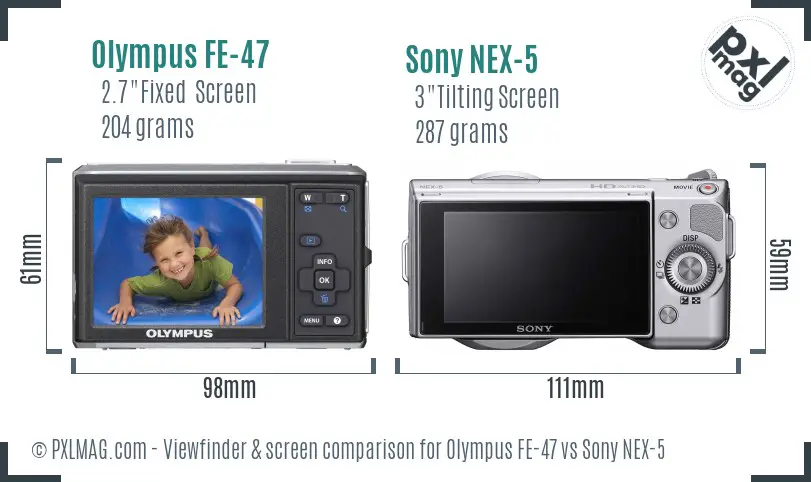 Olympus FE-47 vs Sony NEX-5 Screen and Viewfinder comparison