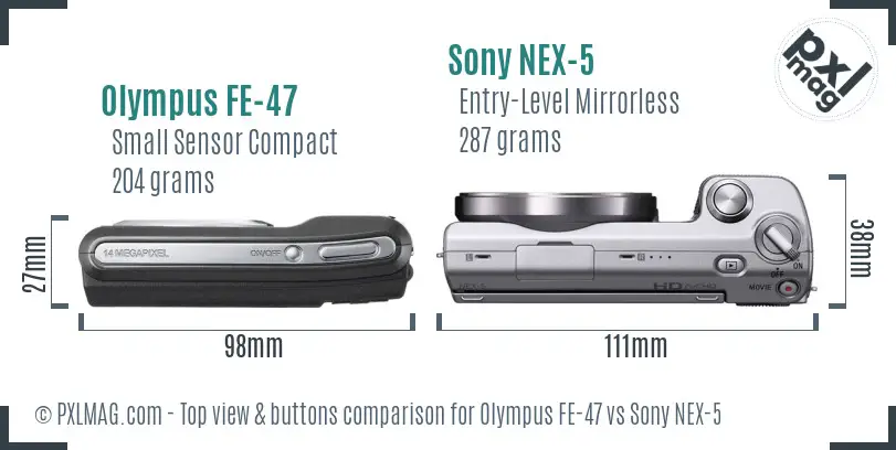 Olympus FE-47 vs Sony NEX-5 top view buttons comparison