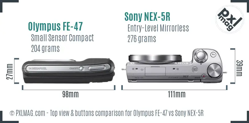 Olympus FE-47 vs Sony NEX-5R top view buttons comparison