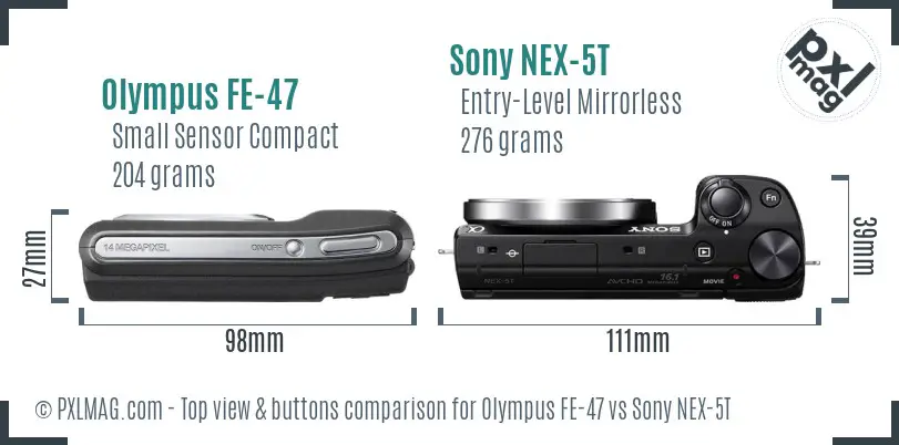 Olympus FE-47 vs Sony NEX-5T top view buttons comparison