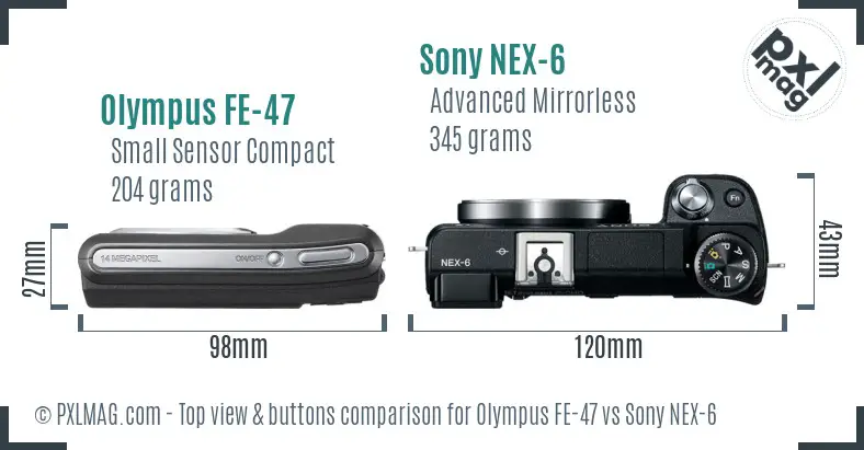 Olympus FE-47 vs Sony NEX-6 top view buttons comparison