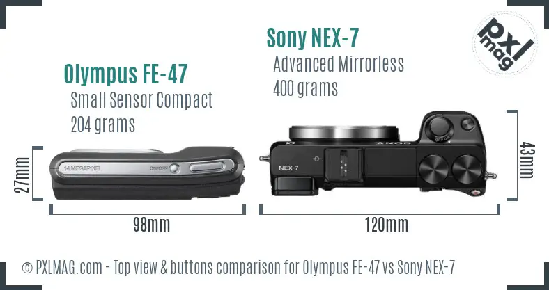 Olympus FE-47 vs Sony NEX-7 top view buttons comparison