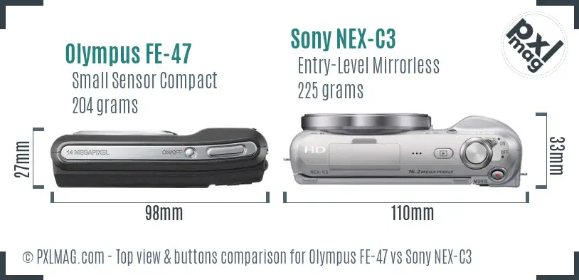 Olympus FE-47 vs Sony NEX-C3 top view buttons comparison