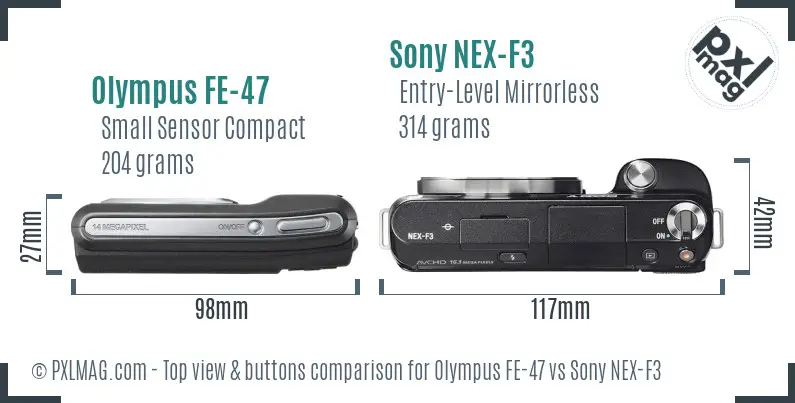 Olympus FE-47 vs Sony NEX-F3 top view buttons comparison