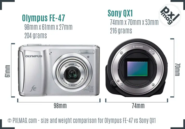 Olympus FE-47 vs Sony QX1 size comparison