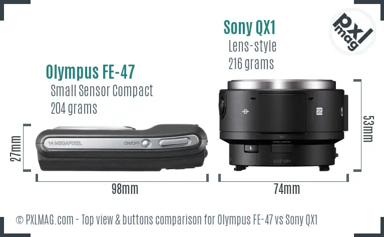 Olympus FE-47 vs Sony QX1 top view buttons comparison