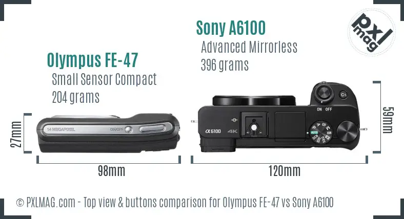 Olympus FE-47 vs Sony A6100 top view buttons comparison Olympus FE-47 vs Sony A6100 top view buttons comparison