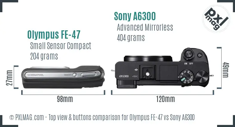 Olympus FE-47 vs Sony A6300 top view buttons comparison