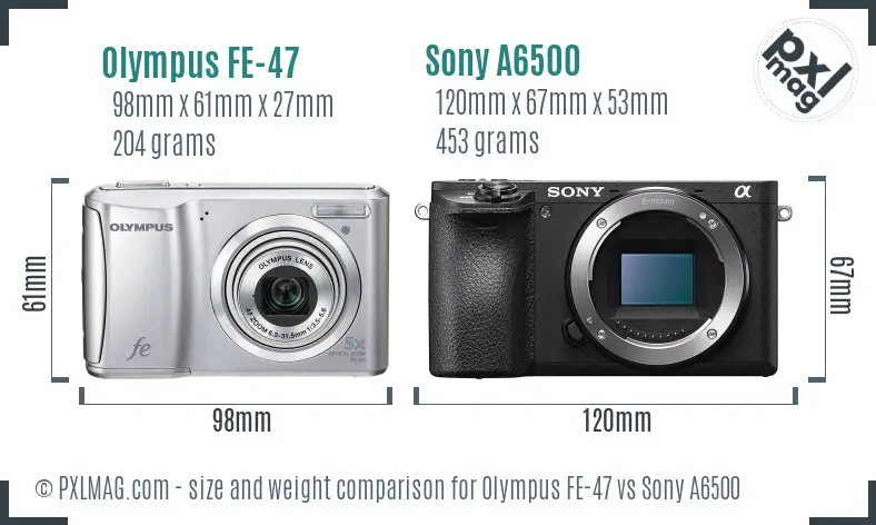 Olympus FE-47 vs Sony A6500 size comparison