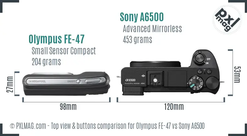 Olympus FE-47 vs Sony A6500 top view buttons comparison