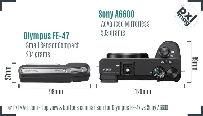 Olympus FE-47 vs Sony A6600 top view buttons comparison