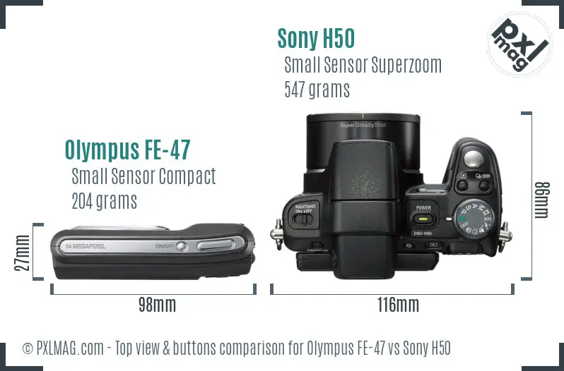 Olympus FE-47 vs Sony H50 top view buttons comparison