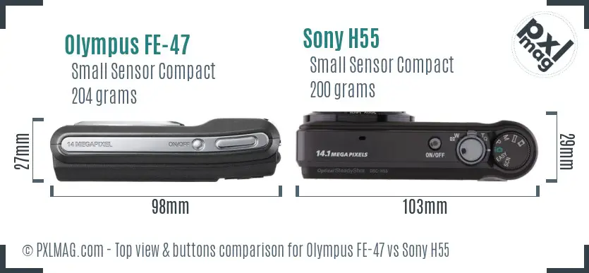 Olympus FE-47 vs Sony H55 top view buttons comparison