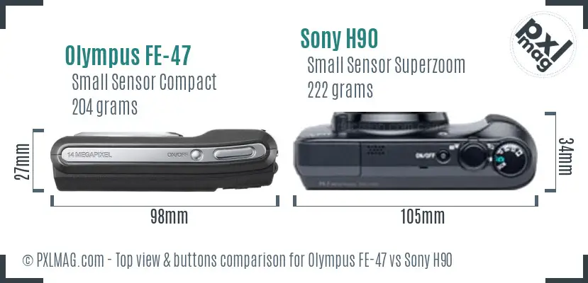 Olympus FE-47 vs Sony H90 top view buttons comparison