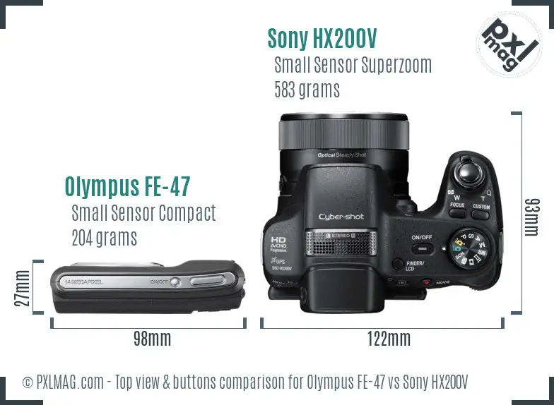 Olympus FE-47 vs Sony HX200V top view buttons comparison