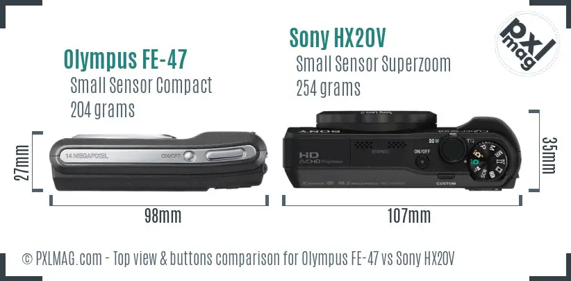 Olympus FE-47 vs Sony HX20V top view buttons comparison