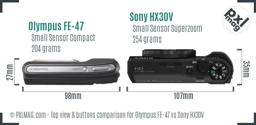 Olympus FE-47 vs Sony HX30V top view buttons comparison