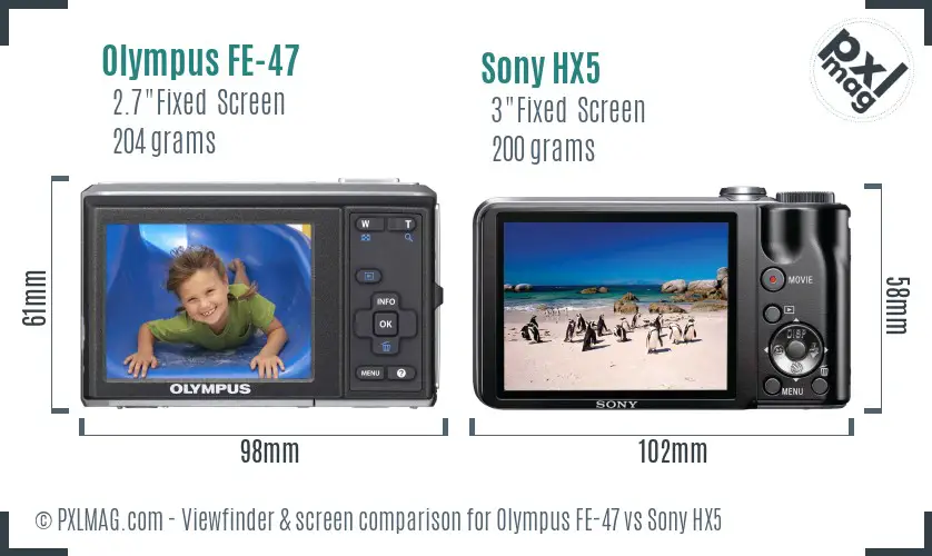 Olympus FE-47 vs Sony HX5 Screen and Viewfinder comparison