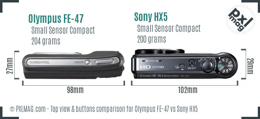 Olympus FE-47 vs Sony HX5 top view buttons comparison