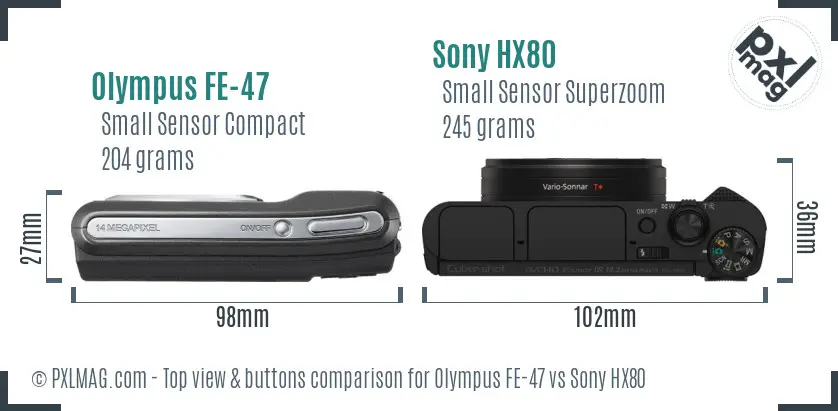 Olympus FE-47 vs Sony HX80 top view buttons comparison