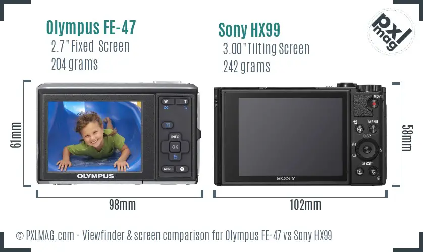 Olympus FE-47 vs Sony HX99 Screen and Viewfinder comparison