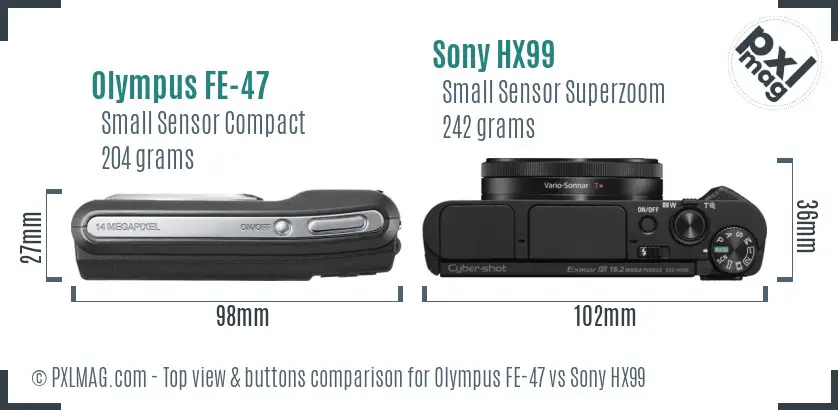 Olympus FE-47 vs Sony HX99 top view buttons comparison