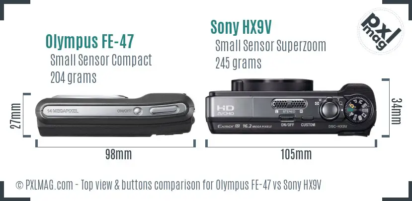 Olympus FE-47 vs Sony HX9V top view buttons comparison