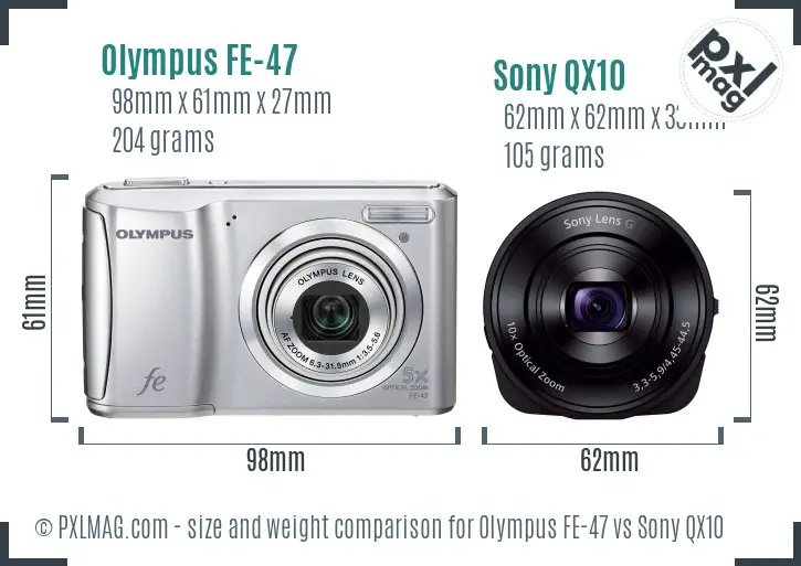 Olympus FE-47 vs Sony QX10 size comparison