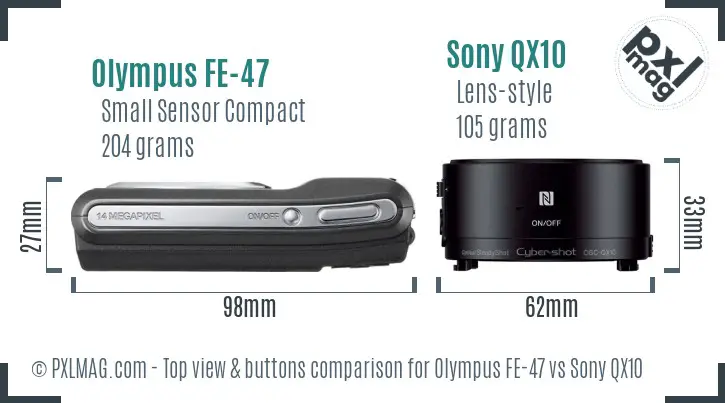 Olympus FE-47 vs Sony QX10 top view buttons comparison