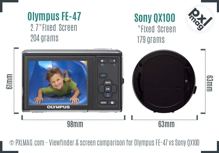 Olympus FE-47 vs Sony QX100 Screen and Viewfinder comparison