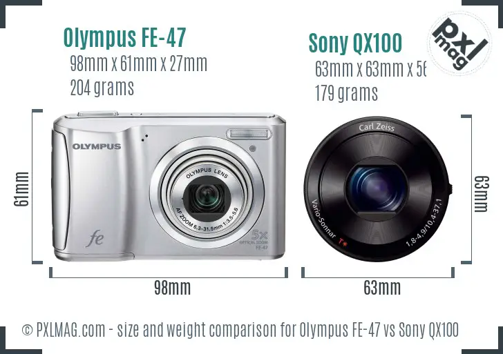 Olympus FE-47 vs Sony QX100 size comparison