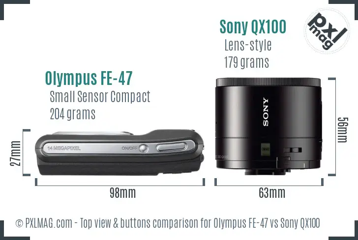 Olympus FE-47 vs Sony QX100 top view buttons comparison
