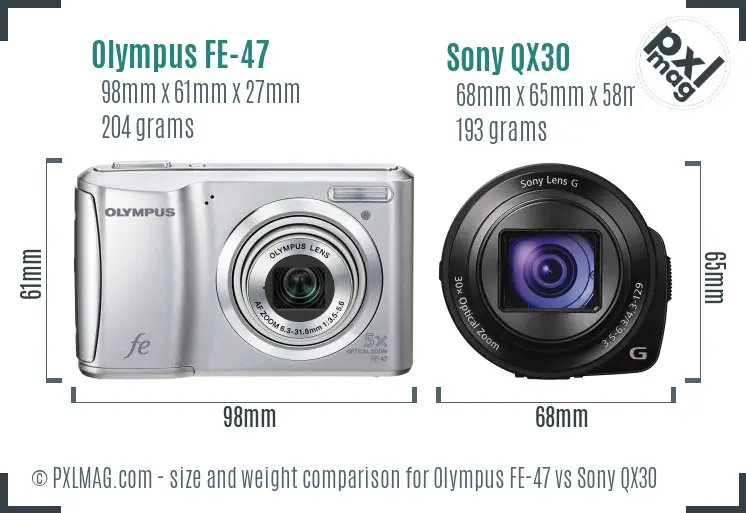 Olympus FE-47 vs Sony QX30 size comparison