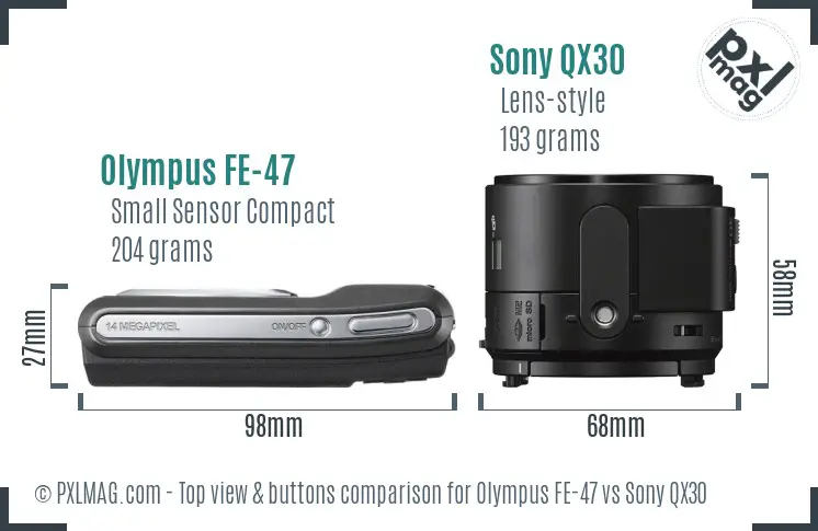 Olympus FE-47 vs Sony QX30 top view buttons comparison