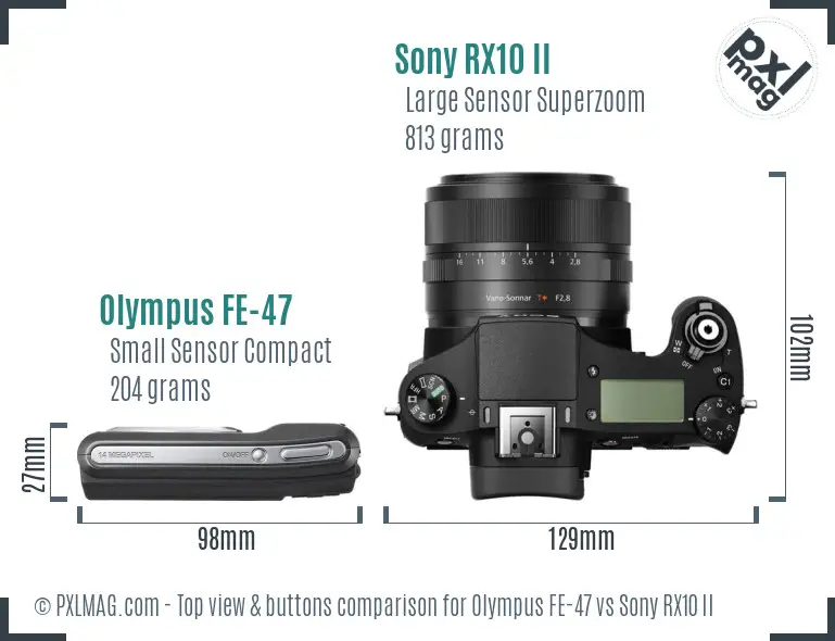 Olympus FE-47 vs Sony RX10 II top view buttons comparison