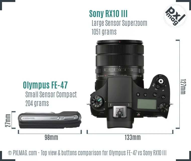Olympus FE-47 vs Sony RX10 III top view buttons comparison