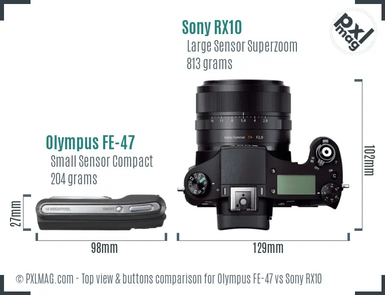 Olympus FE-47 vs Sony RX10 top view buttons comparison