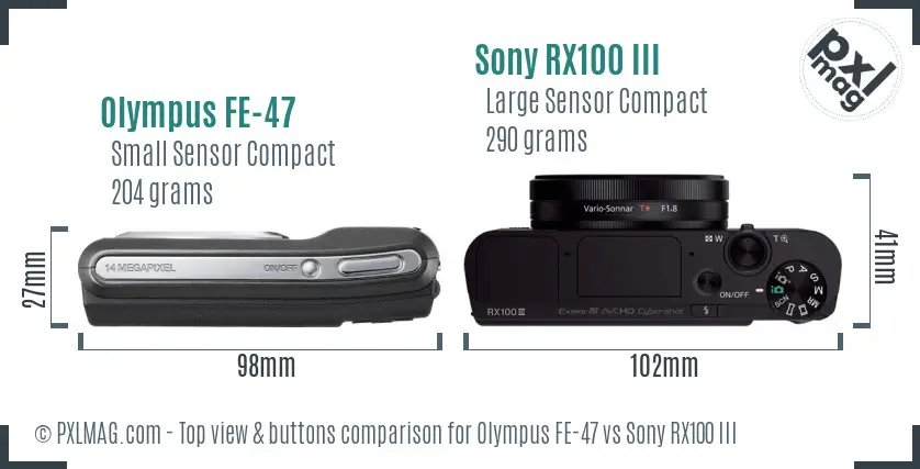 Olympus FE-47 vs Sony RX100 III top view buttons comparison