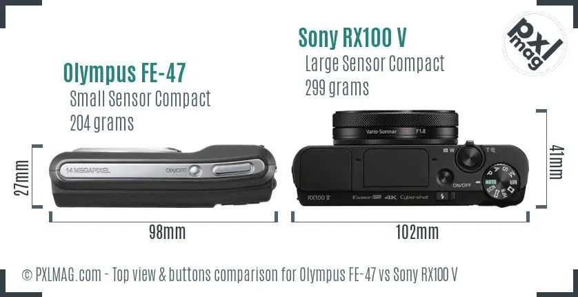 Olympus FE-47 vs Sony RX100 V top view buttons comparison
