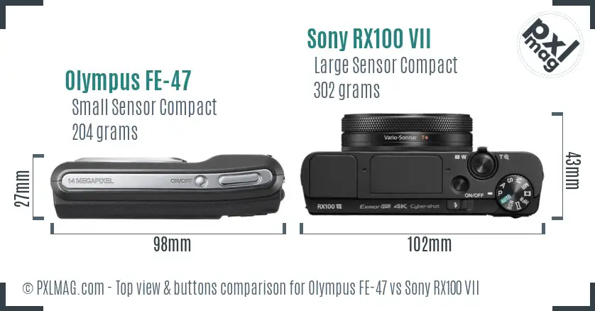 Olympus FE-47 vs Sony RX100 VII top view buttons comparison Olympus FE-47 vs Sony RX100 VII top view buttons comparison