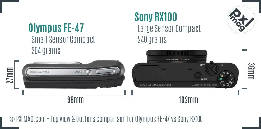 Olympus FE-47 vs Sony RX100 top view buttons comparison