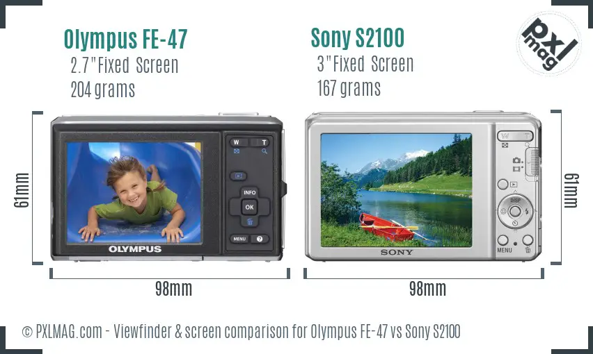 Olympus FE-47 vs Sony S2100 Screen and Viewfinder comparison