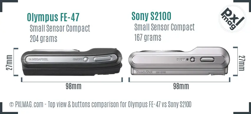 Olympus FE-47 vs Sony S2100 top view buttons comparison