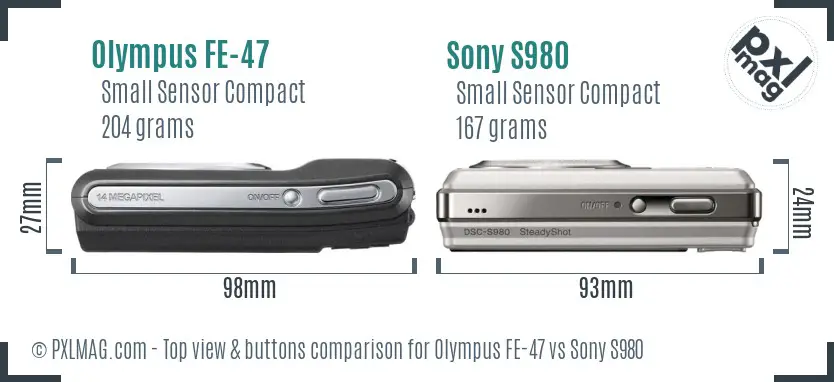 Olympus FE-47 vs Sony S980 top view buttons comparison