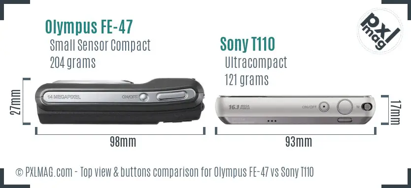 Olympus FE-47 vs Sony T110 top view buttons comparison