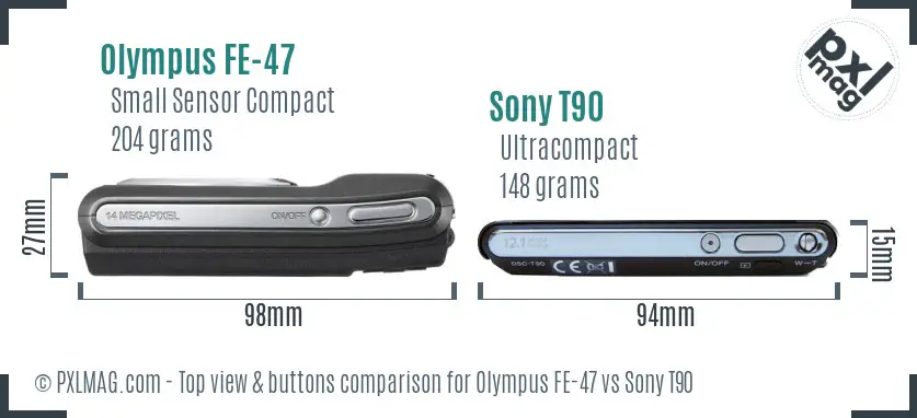 Olympus FE-47 vs Sony T90 top view buttons comparison