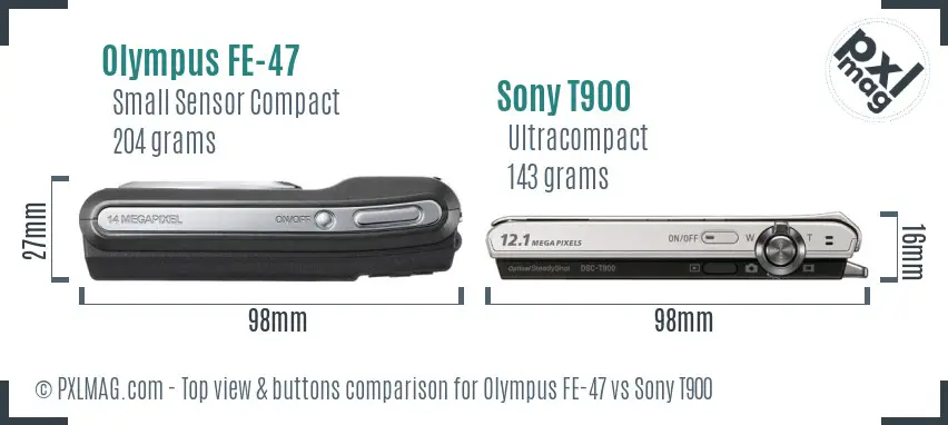 Olympus FE-47 vs Sony T900 top view buttons comparison